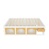 Queen Size Wooden Platform Bed with Bookshelf, Display Cabinet, LED Light and Drawer, White+Natural