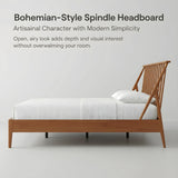 Solid Bamboo Wood Spindle Platform Queen Bed with 46.5" Tall Headboard, Bohemian Bed Frame with Wooden Slats and Metal Support, Mid-Century Modern Style,No Box Spring Needed