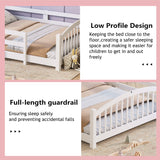 Twin Montessori Floor Bed with Slats and Safety Guardrails, Solid Wood Floor Bed with Fence and Without Door, Easy Assemble Montessori Bed for Girls and Boys, White