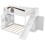 Twin over Full Bunk Bed with Storage Staircase, Shelf, Slide and Wardrobe, White+Espresso