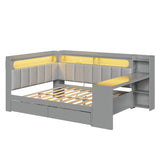 Full Size Daybed with Storage Shelves,Drawers,Charging Station,LED Light,Desk and Upholstered Headboard and Backrest