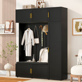 American Style 4-in-1 Hall Tree with Padded Bench, 4 Hooks, Cabinents & Storage Shelves for Entryway, Mudroom