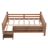 Full Size Floor Bed with Storage Bookcases, Solid Wood Kids Floor Bed with Cute Stairs and Guardrails, No Box Spring Needed, Natural