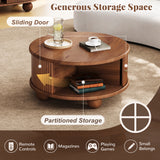 Round Fluted Coffee Table with Storage, Pine Solid Wood, Sliding Door