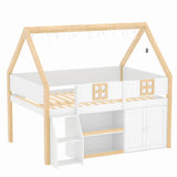 Twin-size low loft bed with Step Staircase, Shelving, Cabinets and LED lights, White and Natural