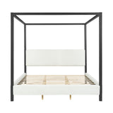 Modern Black Metal Canopy Bed with Plush White Bouclé Upholstery, King