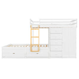 Full Size Bunk Bed with 2 Large Drawers & 5 Small Drawers, MDF & Solid Wood Construction, Modern Storage Design with Small Wardrobe