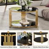 Modern Black Mirror Coffee Table, Asymmetrical Metal, Circular Metal Drum Base, Gold Finish & Lower Shelf