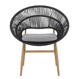 Cyril Outdoor Wicker Papasan Style Dining Chair, Teak Finished Leg and Dark Gray Faux Rattan, Gray Cushion, Set of 2