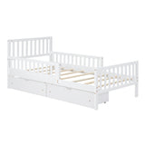 Twin Size Wood Platform Bed with Guardrails on Both Sides and Two Storage Drawers,White