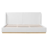 Modern White Bouclé Winged Bed Frame with Enclosed Wood Base, King Size