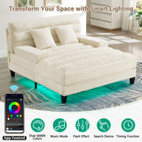 Modern Chaise Lounge Sofa 57.1" Sofa Bed Chenille Upholstered Lounge Sofa Chair with Adjustable Backrest and LED Light Strip for Living Room