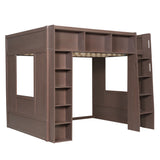 Queen Size Wooden Loft Bed with Storage Cabinets and Shelves