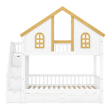 Twin Size Wooden House Roof Bunk Bed with Window Door and Roof,Storage Drawers and Staircase,White+Natural