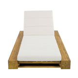 Outdoor Teak Acacia Wood Chaise Lounge with Beige Water-Resistant Cushion - Adjustable Backrest Patio Recliner for Poolside, Deck & Backyard