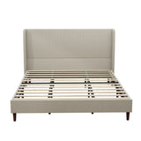 High Headboard Upholstered Bed, King Size Bed Frame, 12-Slat Support, Easy to Assemble, Beige, Linen Cloth, No Box Spring Needed
