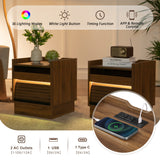 Mid Century Modern Nightstand with Charging Station and LED lights, Night Stand with 2 Drawers, Bedside Tables/End Table for Bedroom or Living Room