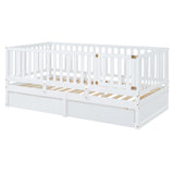 Twin Size Wood Daybed with Fence Guardrails and 2 Drawers, Split into Independent Floor Bed & Daybed