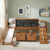 Twin Size Loft Bed with Slide, Storage Boxes, Climbing Frame and Double-Sided Chalkboard, Solid Wood Bed Frame for Kids