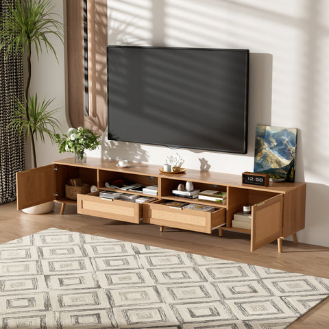 Rattan TV Stand for TVs up to 90'', Modern Farmhouse Media Console TV Cabinet Entertainment Center with Storage Space, Natural
