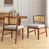 Set of 2 Rattan Dining Chairs Armless Chair Kitchen Side Chair with Curved Rattan Back & Rubberwood Frame