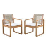 2pcs Outdoor Dining Chair Set, Acacia Wood Frame Armchairs Patio Side Chair with Rope Back & Water-Repellent Beige Cushions, Light Teak