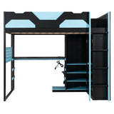 Full Size Gaming Loft Bed with Desk, RGB LED Lights & USB Charging, Wood Bed Frame, Multi-Storage Wardrobe & Pegboard