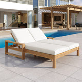 Outdoor Double Chaise Lounge Patio Daybed Recliner Lawn Sunbathing Bed with Adjustable Back & Cushion, Light Teak