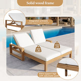 Outdoor Double Chaise Lounge Patio Daybed Recliner Lawn Sunbathing Bed with Adjustable Back & Cushion, Light Teak