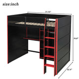 Full Size Wood Gaming Loft Bed with Desk, Open Wardrobe, Storage Compartments & RGB Lights, Red