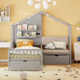 Twin Size House Bed with Upholstered Sofa, Platform Bed with Charging Station, Shelves and 2 Drawers, Gray