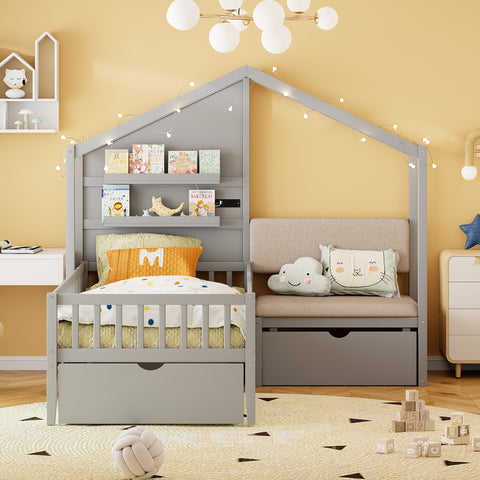 Twin Size House Bed with Upholstered Sofa, Platform Bed with Charging Station, Shelves and 2 Drawers, Gray