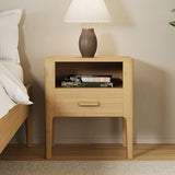 Solid Bamboo Nightstand Mid-Century Modern End Table Bedside Table with Drawer & Open Shelf