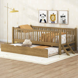Twin Size Platform Bed, Wooden Bed Frame with Guardrail and Trundle, Walnut