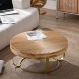 31.5"W Modern Retro Round Coffee Table with Metal Legs, Pine Wood Table Top with Carving Pattern, Gloden