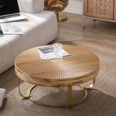 31.5"W Modern Retro Round Coffee Table with Metal Legs, Pine Wood Table Top with Carving Pattern, Gloden