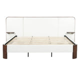 King Size Upholstered Platform Bed Frame Noise-Free Bed with Padded Headboard & Floating Side Tables, White & Brown