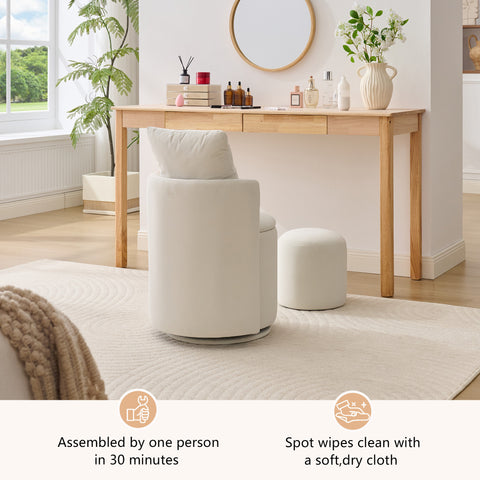 Storage Swivel Chair Accent Chair Round Barrel Chair Upholstered Vanity Chair With Toss Pillow & Ottoman, Beige