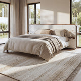King Size Upholstered Platform Bed Frame Noise-Free Bed with Padded Headboard & Floating Side Tables, White & Brown
