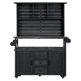 Large Garden Potting Bench with Stainless Steel Top, Outdoor Kitchen Island & BBQ Grill Cart with Storage Hutch & Lockable Wheels