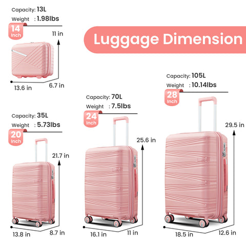 4 PCS Expandable ABS Hard Shell Lightweight Luggage Set with Spinner Wheels and TSA Lock 14"20''24''28'', Pink