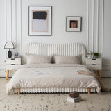 Boucle Upholstered Platform Bed with Wavy Headboard & Vertical Stitching, King Size Bed Frame, White