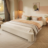 Elegant Platform Bed, Boucle Fabric Upholstered Bed Frame with Soft Headboard, King Size, White