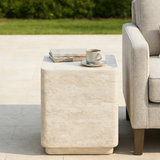 Square Travertine Side Table, Lightweight MGO Outdoor Patio End Table with Safe Rounded Edges, Beige