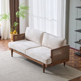 3-Seater Sofa, 72"W Boucle Sofa Couch with Square Arm, Wooden Frame and Cane Rattan Decor, Walnut+Beige