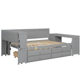 Full Size Daybed with Storage, Trundle Bed, Built-In Desk, LED Light & Charging Station, Gray