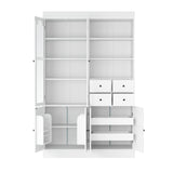 75" Tall Freestanding Buffet with Hutch, Kitchen Pantry Cabinet with 4 Drawers, Glass Doors, Pull-out Trays, White