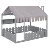 Full Size Toddler Bed Kid Floor Bed Montessori House Bed Platform Bed with Tent, Light, 3 Storage Shelves & Safety Fence Rail, Gray