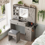 Farmhouse Vanity Table Set Vanity Desk Dressing Table Makeup Table Set with Stool, LED Mirror, Drawers and Charging Station, Gray