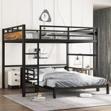 Queen over Queen Size Metal Bunk Bed with Detachable Platform Bed, Loft Bed, Black+Wood